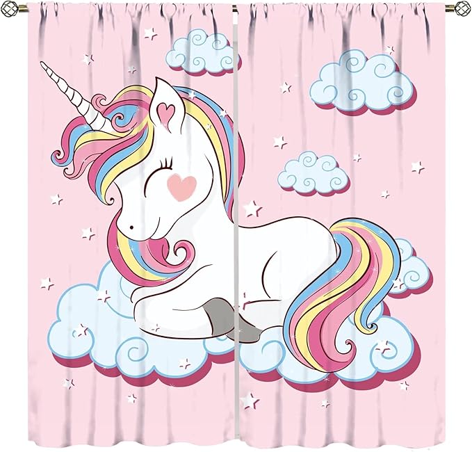 Unicorn Curtains Children's Cartoon Starry Sky Theme Unicorn Pattern Curtains Star Galaxy Boys Girls Room Blackout Curtains 42x45 Inch 2 Panels
