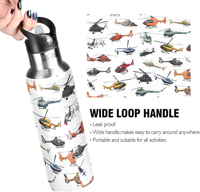 Helicopter Stainless Steel Water Bottle with Straw Lid - 20 Oz Sports Insulated Water Bottle Thermos for Sport Gym Outdoor Travel School