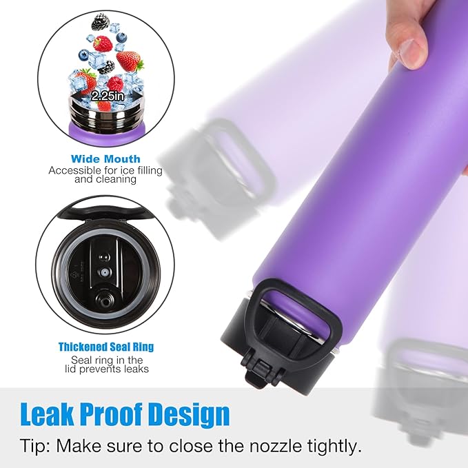 Volhoply 24oz Insulated Water Bottle With Straw Bulk 6 Pack,Metal Wide Mouth Water Bottles With Handle Lid Keep Cold,Reusable Double Wall Thermos,Powder Coated Sport Bottle For Holder(Purple,6 Count)