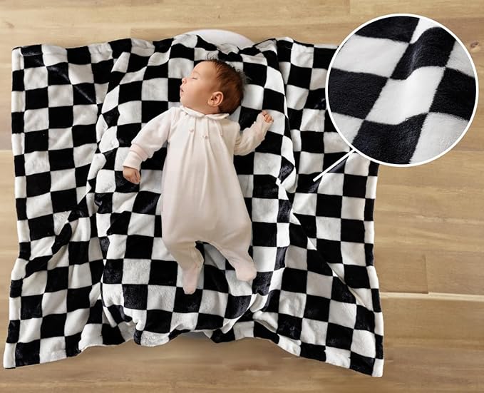 Soft Checkered Baby Blankets for Unisex Girls or Boys Breathable Gender Neutral Nursery Double Layer Blankets with Dotted Backing for Newborn Toddlers (30” X 40”)
