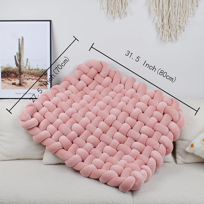XHJRI Thickened Braided Knot Seat Mat, Knotted Floor Decorative Cushion, Handmade Baby Infant Playing Pad Nursery Rug (27.5 * 31.5 Inch,Rose Gold)
