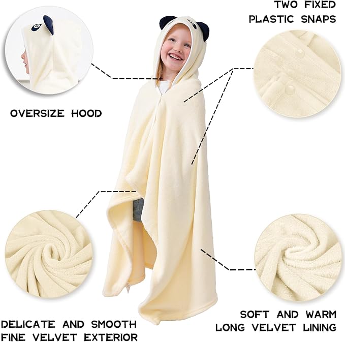 Hiturbo Kids Animal Hooded Towel: Soft Plush Fleece Blanket - 50"x30" Swim Cover Up - Pool Beach Bath Towel Wrap for 3-12 Yrs (Ivory Panda)