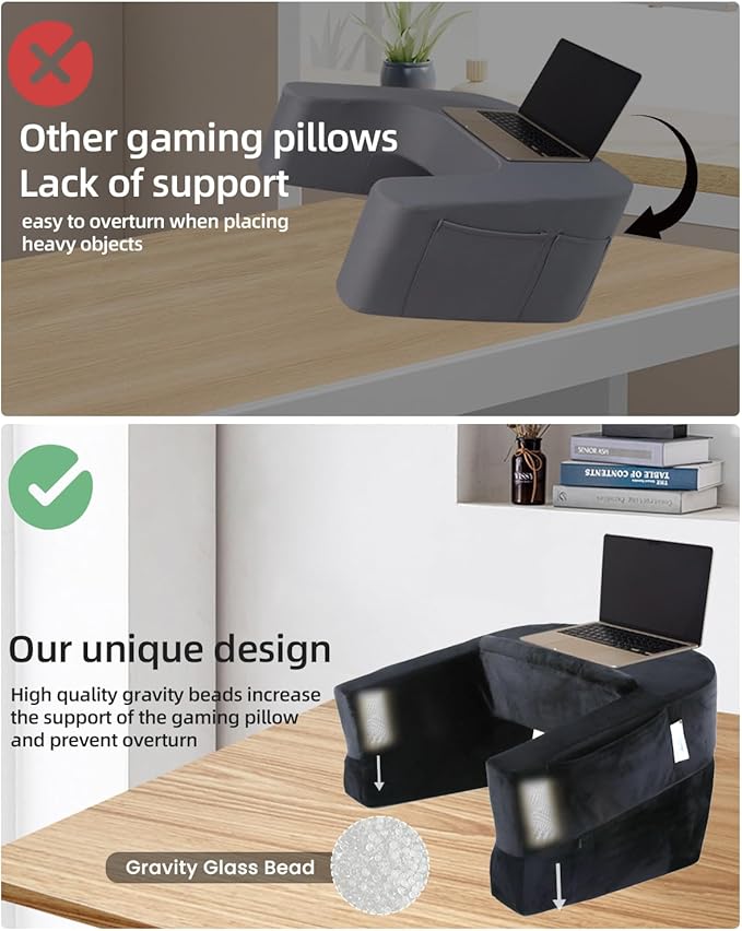 Weighted Idea Reading Pillow for Gaming, Meduim Gaming Pillow for Adult,Table Pillow with 2 Side Pockets for Gaming, Reading, Working Sitting in Bed Floor Sofa (Black)