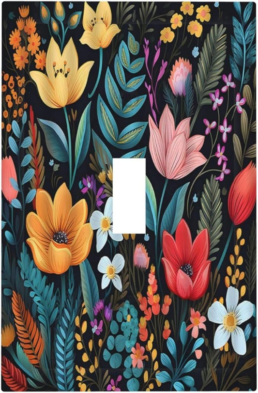 Boho Floral Vintage Flower Leaves Rustic Wildflower Plants 1 Gang Light Switch Covers Single Toggle Wall Plate Decorative Switchcover Electrical Switchplate for Country Bathroom Bedroom Decor