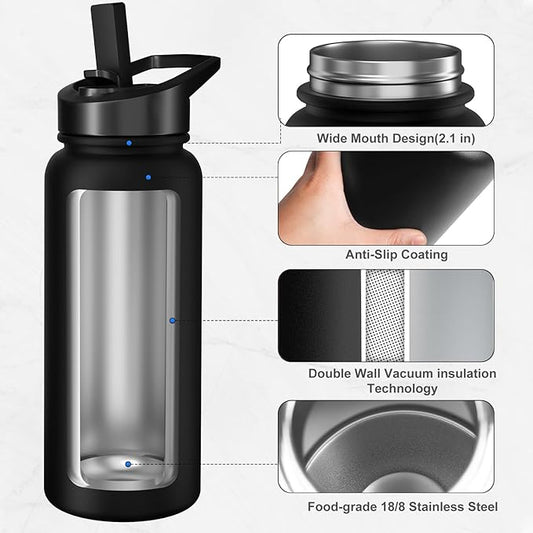 40oz Insulated Water Bottle with 3 Lids(Straw, Hand and Spout Lid), Double Vacuum Stainless Steel Metal Water Flask(BPA-free, CPC) for Sports, Camping, Hiking, Cycling, Fitness and more(Black)