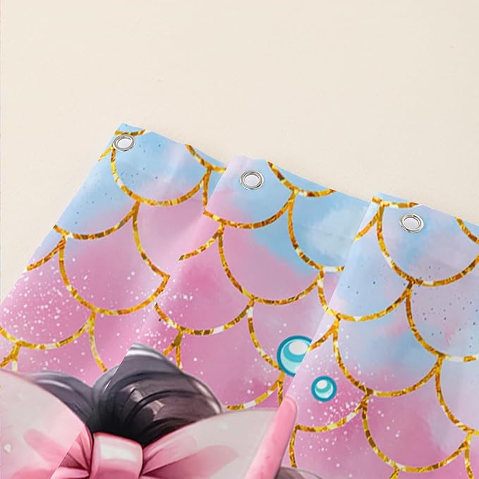 AILONEN Mermaid Shower Curtain,Cute Black Girls Mermaid Bath Curtain for Kids Girls,Ocean Fish Pink Mermaid Scale Print Shower Curtain for Bathroom Decor Waterproof with 12 Plastic Hooks, 72" W*96" H