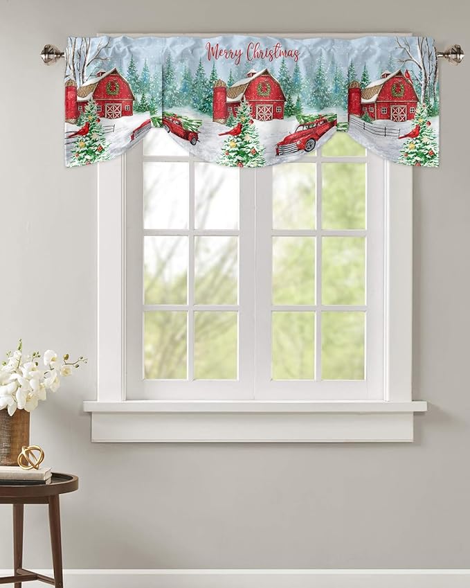 Red Truck Christmas Blackout Tie Up Valance Curtains for Kitchen Windows Merry Christmas Farmhouse Window Toppers Balloon Shades for Living Room/Bathroom/Bedroom,1 Panel, 42" X 18", Winter Xmas Tree