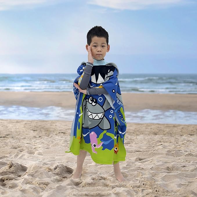 Hooded Kids Beach Towels - Toddler Bath Towel Girls Boys Swim Cover-ups for Ages 4 to 10 Kids Pool Towels Quick Dry Lightweight Soft Microfiber Poncho 30x30 with Bag (Navy Sharks)
