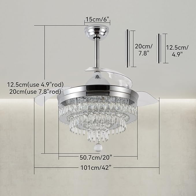 LEONTYNE 42" Modern Fandeliers Chandelier Ceiling Fan LED Dimmable Crystal Ceiling Fan with Light and Remote 6 Speed 3 Blades Retractable Fans for Bedroom Living Dining Room (APP & Timing)