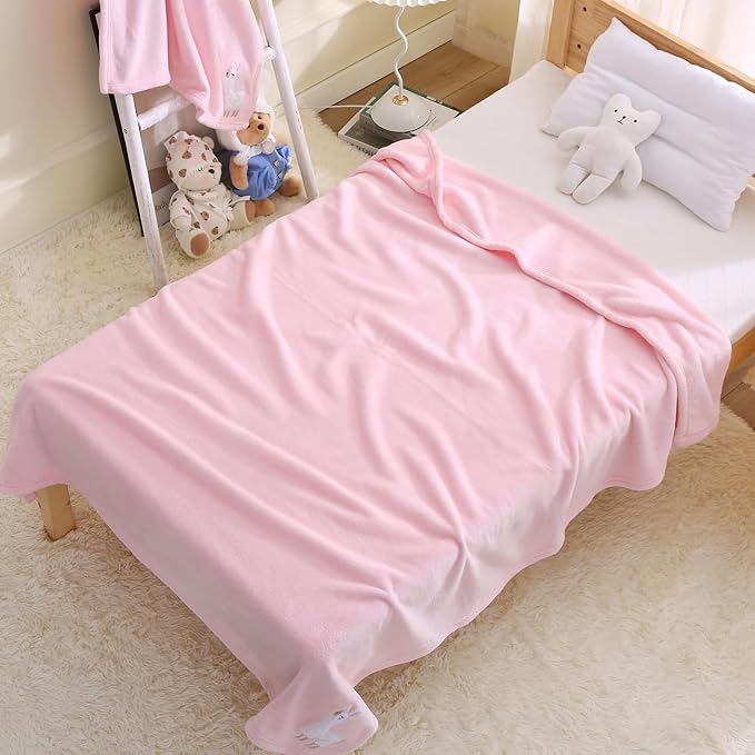 DaysU Plush Flannel Baby Blanket Super-soft Lightweight, Embroidered Fleece Baby Blanket for Girls, Portable Bed Throws for Baby Crib and Toddler Bed, Pink Alpaca, 30”x40”