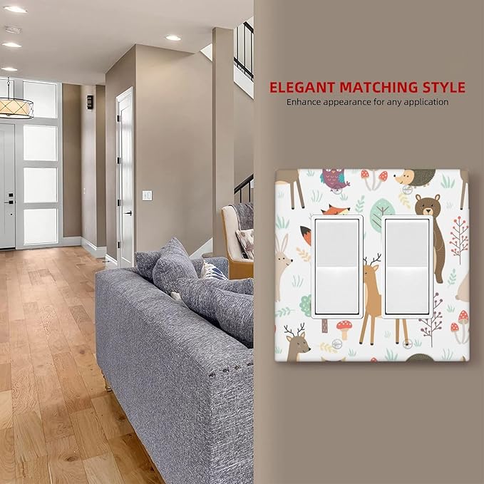 Cartoon Animal Deer Bear Fox Light Switch Cover Decorative Double Rocker Plastic Wall Plate Outlet Cover for Women Girls Bedroom Kitchen Living Room Decor 4.5 * 4.5