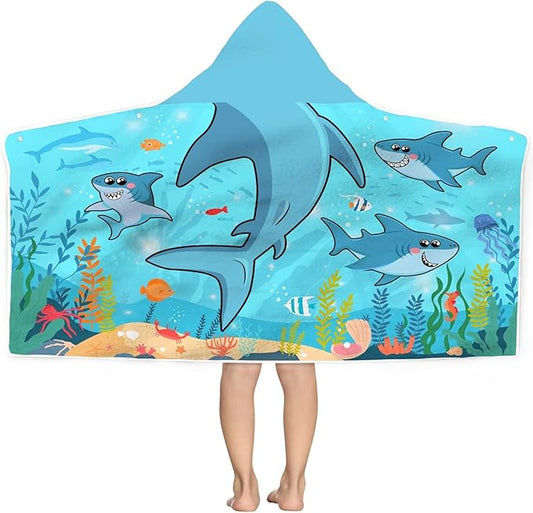 Shark Hooded Beach Towel for Kids, Cool Ocean Fishes Bath Towel with Hood for Boys, Funny Sea Animals Microfiber Super Absorbent Soft Poncho Bathrobe for Swin Pool 30”x50”