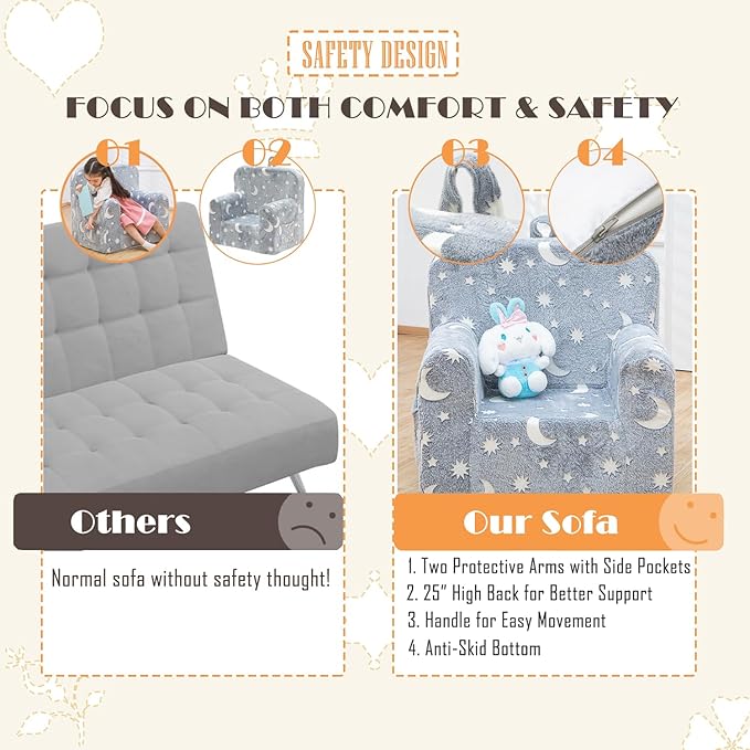 Snuggly-Soft Cuddly Toddler Plush Armchair for Boys and Girls Fuzzy Plush Kids Sofa Couch Reading Chair with Children Friendly Handle for Easy Movement & Double Pockets for Storage, Glowing Grey