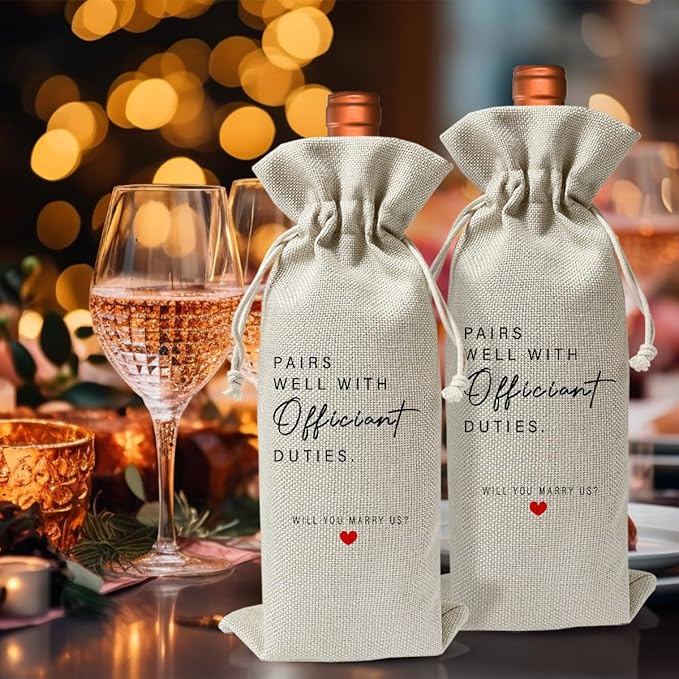 Wedding Officiant Gift Wine Bag, Ordained Minister and Pastor Appreciation Gift, Engagement Gift, Engagement Party Supply Favor, Officiant Gift Idea, Proposal Gift, Cotton Linen Wine Bag