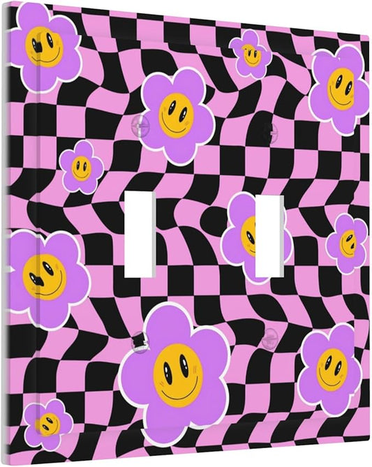 Flowers with Checkered Double Toggle Light Switch Covers 2 Gang Wall Plate Dual Decorative Switchplate Electrical Faceplate for Bathroom Country Kitchen Bedroom Decor, 4.9" x 5"