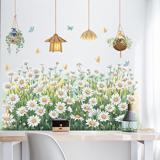 White Daisy Kicks Wall Decals Flowers Wall Corner Stickers Garden Floral Butterflies Baseboard Skirting Line Wall Stickers for Baby Kids Girls Bedroom Living Room Corners Skirting Lines Waist Lines