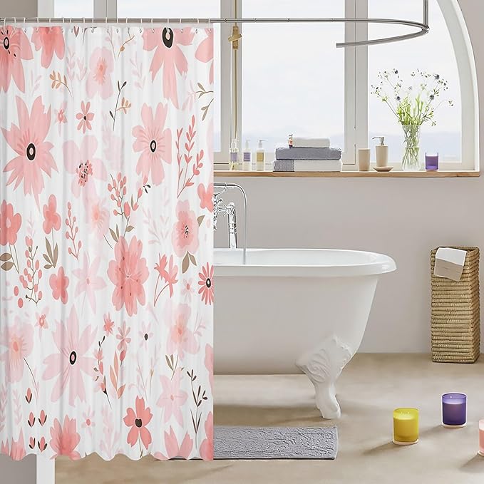 Feelyou Pink Flower Fabric Shower Curtain Floral Flower Shower Curtain for Boys Girls Flower Botanical Bathroom Waterproof Accessories with 12 Hooks Nature Plants Curtains,72x84 Inches