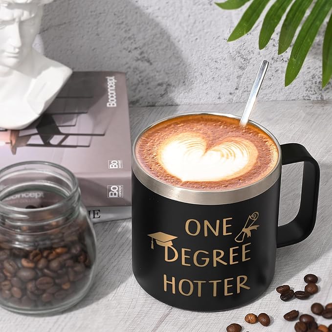 Lifecapido Graduation Gifts, One Degree Hotter 14oz Stainless Steel Coffee Mug with Handle, College Masters Degree Phd Graduation Gifts High School Graduation Gifts Christmas Gifts for Her Him (Black)