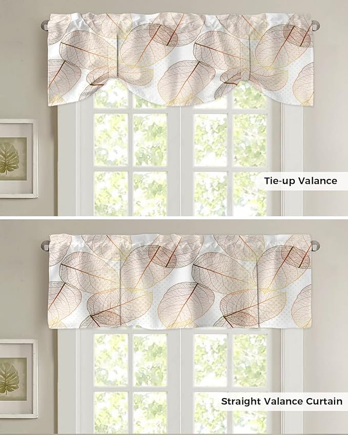 Tie Up Valance for Kitchen Living Room Farmhouse - Leaf Specimen Rod Pocket Adjustable Tie-up Shade Valance for Small Window, Window Valance Balloon Drape for Bathroom 60x18 inches