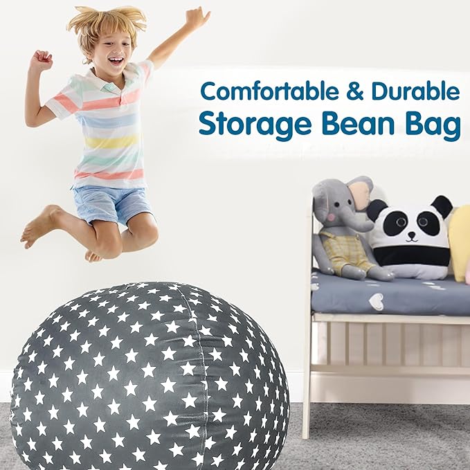 Lukeight Stuffed Animal Storage Bean Bag Chair Cover for Kids, Zipper Beanbag Chair Cover for Organizing Toddler and Kids' Rooms Plush Toys (Stars Gray Velvet, X-Large)