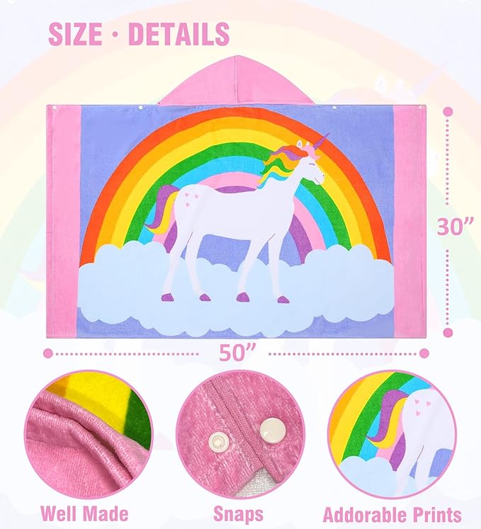 Toddler Bath Towel Hooded - Cotton Kids Beach Towel 30"x50" for Ages 3 to 10, Soft Terry Poncho Towel as Pool Swim Cover Ups for Girls Boys (Rainbow Unicorn Pink)