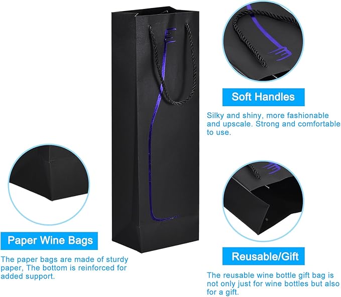 uxcell Wine Bags, 1pcs Black Blue 5 x 4 x 15 In Wine Gift Bags with Rope Handles Paper Wine Tote Bag for Wedding Birthday Christmas Party Supplies
