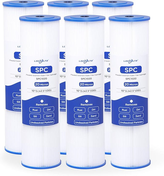 Whole House Water Filter Cartridge Replacement for Well Water, 20 Micron Water Filter 10" x 2.5" Pleated Sediment Water Filter Compatible with R50, WFPFC3002, W50PE, WB-50W, WHKF-WHPL - 6 Pack