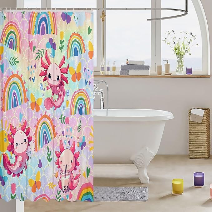 Feelyou Cute Axolotl Bathroom Waterproof Accessories with 12 Hooks Cartoon Salamander Shower Curtain for Kids Boys Girls Rainbow and Butterflies Fabric Shower Curtain Ombre Curtains,72X78 Inches
