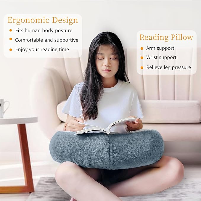 Reading Pillow Lap Pillow for Reading Gaming Pillow for Arms Crochet Pillow Provides Wrist & Elbow Support Suitable for Reading Gaming Working While Sitting on The Bed Floor or Sofa (Grey)