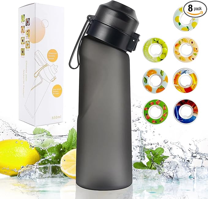 Water Bottle with 7Pcs Air Flavor Pods, Air Bottle Pods Water Bottle, Flavor Caps with Water Bottle, Fruit Scent Pods for Outdoor Sport(Matte Black-7 Pods)