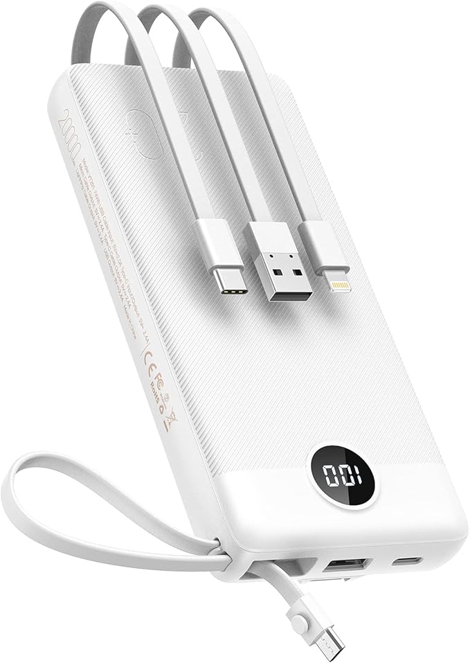 VEEKTOMX Portable Charger with Built-in Cables, 20000mAh Power Bank for iPhone, Fast Charging USB C Battery Pack, Travel Essentials Powerbank Compatible with iPhone 15/14/13, Samsung, Android, etc