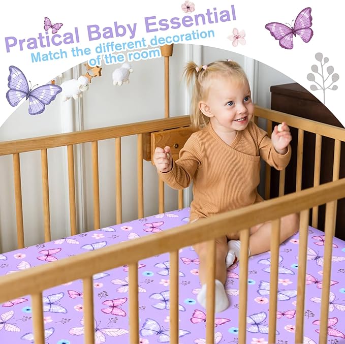 JISEN Baby Crib Sheets Soft Breathable Butterfly Fitted Crib Sheets Baby Sheet for Standard Crib and Toddler Mattress Baby Bed Sheets for Crib for Baby Boys Girls Neutral 52x28 Inch