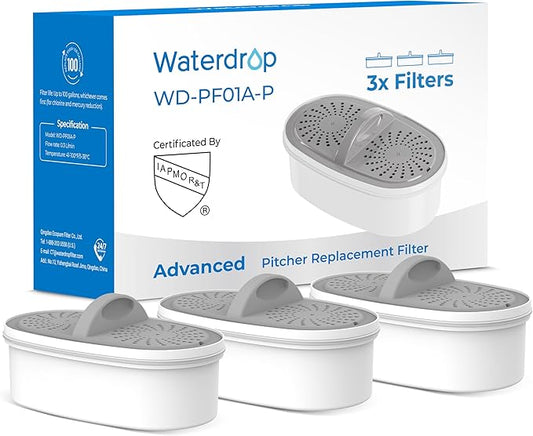 Waterdrop Upgrade NSF 53&42&372 Certified Replacement Filters, for All Waterdrop Pitcher and Dispenser Filtration System, Reduces PFAS, PFOA/PFOS, Chlorine, Cadmium, Copper, Mercury, Pack of 3