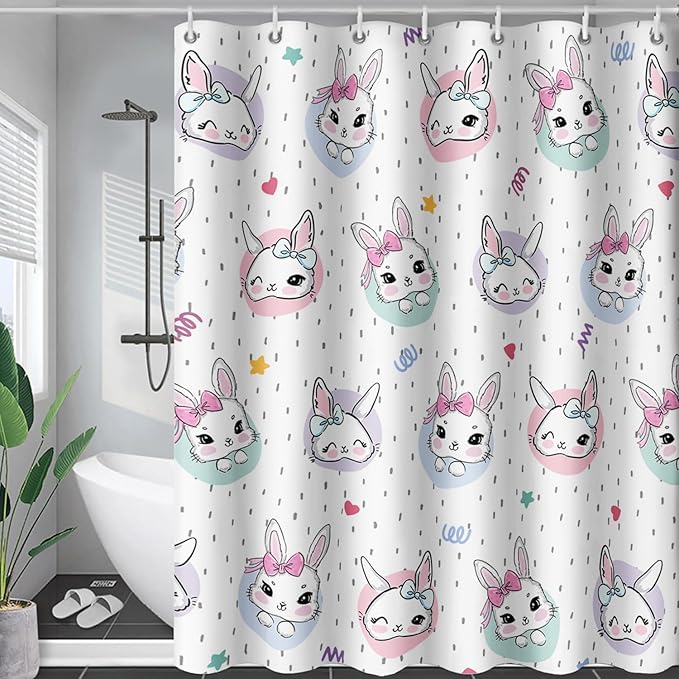AILONEN Cute Rabbit Shower Curtain, Cartoon Kawaii Bunny Shower Curtain for Bathroom,Modern Minimalist White Waterproof Fabric Shower Curtain Set with Hooks 72" W*72" H