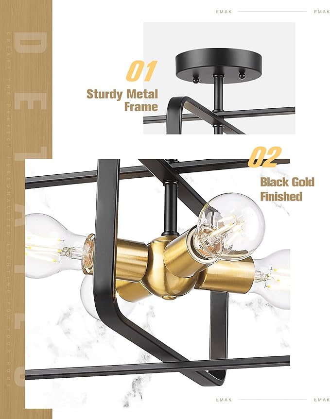 Emak Black and Gold Ceiling Light Fixture, Modern 16 Inch Semi Flush Mount Ceiling Lights with Metal Frame, 4 Light Fixtures Ceiling Mount for Hallway, Bedroom, Bathroom, Kitchen, FM084-BKBGD