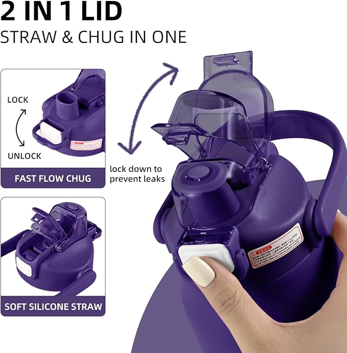 ColorSub 50oz Insulated Water Bottle With 2-in-1 Straw and Chug Leakproof Lid, BPA Free Stainless Steel Wide Mouth Sports Water Cup Flask Purple