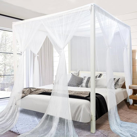 South to East White Canopy Bed Curtains, 4 Corner Post Bed Canopy, Top Elegant Bed Drapes for Bedroom Decor, 75D Polyester Mesh, 4 Openings, Easy Install, Bed Curtain for King/Queen Size