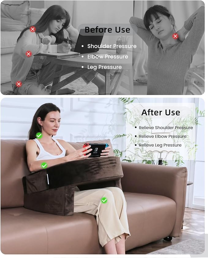 Weighted Idea Reading Pillow for Gaming, Extra Large Arm Rest Pillow for Adult,Lap Desk Pillow Gaming Pillow with 2 Side Pockets for Gaming, Reading, Working Sitting in Bed Floor Sofa (Brown)