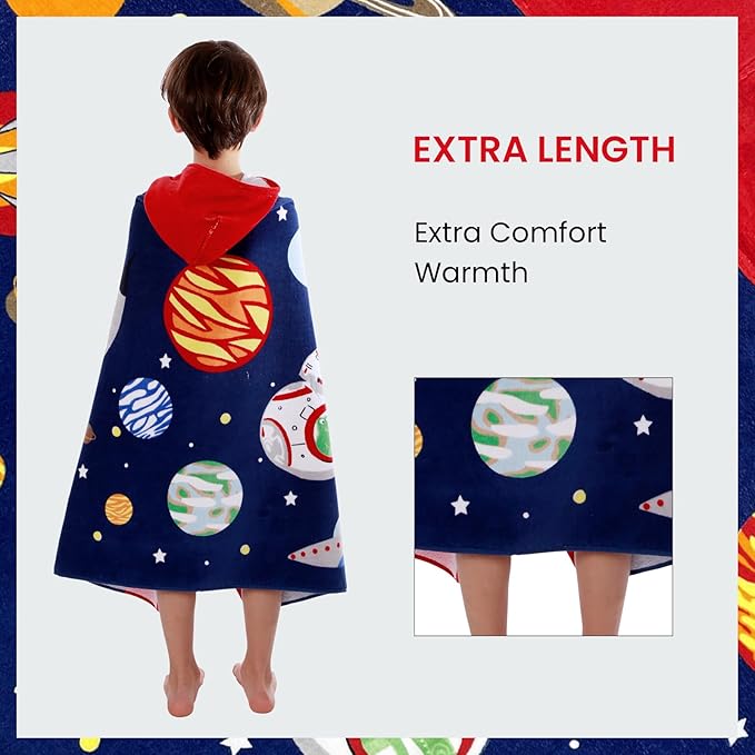 BANGSAUR Kids Hooded Beach Bath Towels, 100% Cotton 50"x30" Wrap Blanket, Toddlers Boys 3-12 Years Coverup Towel Outer Space N