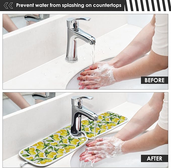 Kitchen Faucet Absorbent Mat,Lemon Water Splash Guard for Sink, Faucet Drip Catcher Thicken Sponge Microfiber Faucet Water Catcher Mat Sink Absorbent Mat for Kitchen 14x5in 2 Pack