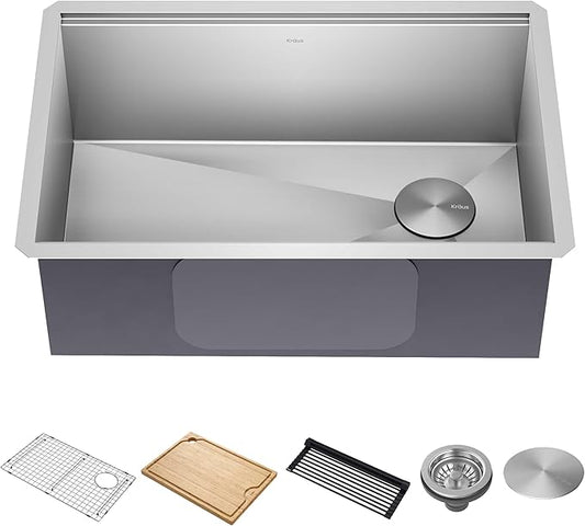 KRAUS Kore 28 Inch Undermount Workstation 16 Gauge Stainless Steel Single Bowl Stainless Steel Kitchen Sink with Accessories, KWU110-28