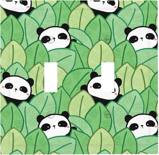 Cartoon Panda and Leaf Double Toggle Light Switch Covers 2 Gang Wall Plate Dual Decorative Switchplate Electrical Faceplate for Bathroom Country Kitchen Bedroom Decor, 4.9" x 5"