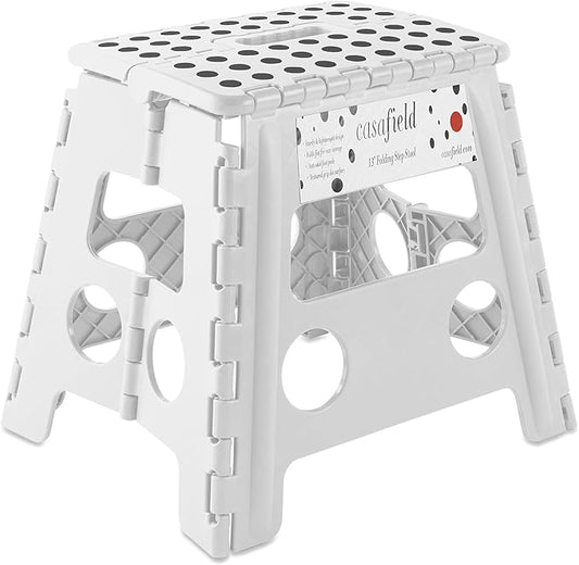 Casafield 13" Folding Step Stool with Handle, White - Portable Collapsible Small Plastic Foot Stool for Adults - Use in The Kitchen, Bathroom and Bedroom