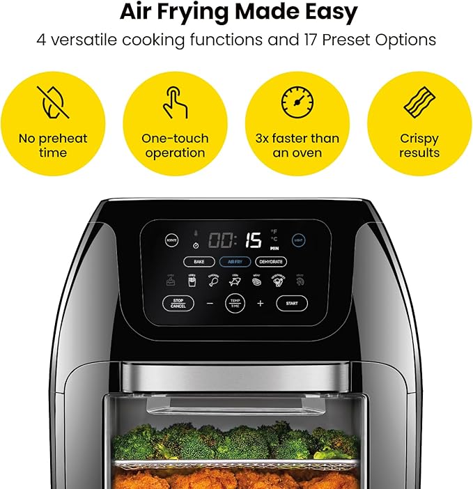 CHEFMAN Multifunctional Digital Air Fryer+ Rotisserie, Dehydrator, Convection Oven, 17 Touch Screen Presets Fry, Roast, Dehydrate, Bake, XL 10L Family Size, Auto Shutoff, Large Easy-View Window, Black