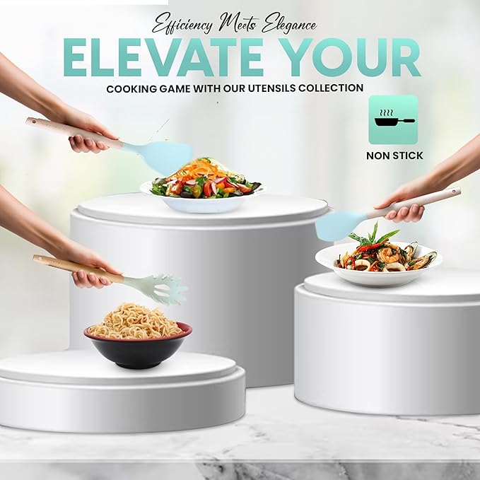 Silicone Utensil Set, 12 PCS Wooden Handle Nontoxic BPA Free 100% Food Grade Silicone Spoon Spatula Ladle Turner Tongs Kitchen Gadgets Utensil Set for Nonstick Cookware (Light Green)