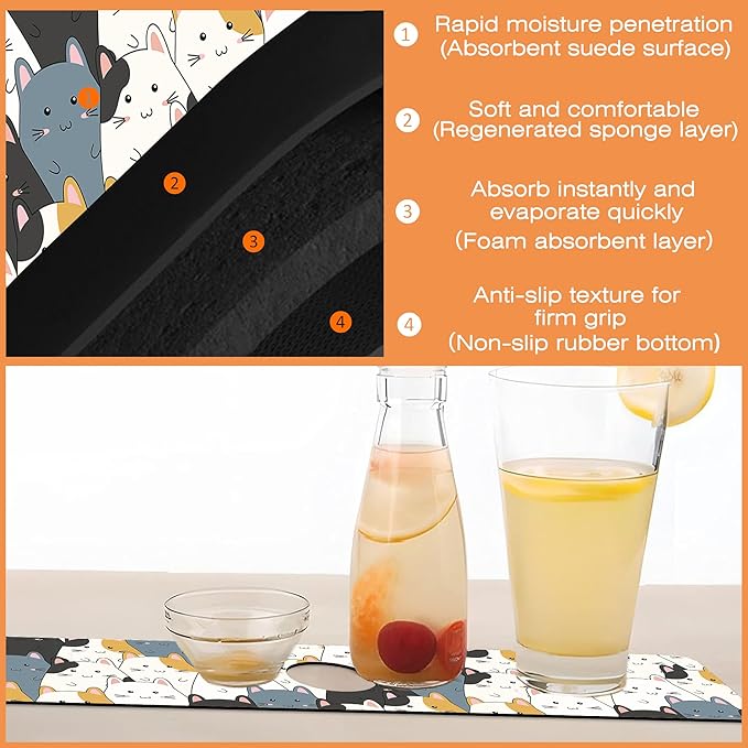 Kitchen Faucet Mat Cute Cartoon Kitten Family Kitchen Sink Splash Guard Faucet Mat,1 PC Splash Guard Behind Faucet Drip Catcher for Kitchen,Dish Drying Mat,Bathroom Faucet Mat 23.5""X5.5""