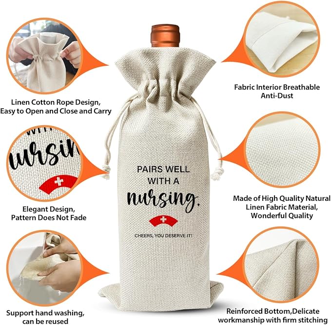 Nursing School Graduation Gift Wine Bag, Med School Graduation Gift For Women, Graduation Party Decor, Nurse Day Nurse Week Gift, Nurse Appreciation Gift, Cotton Linen Wine Gift Bag With Drawstring