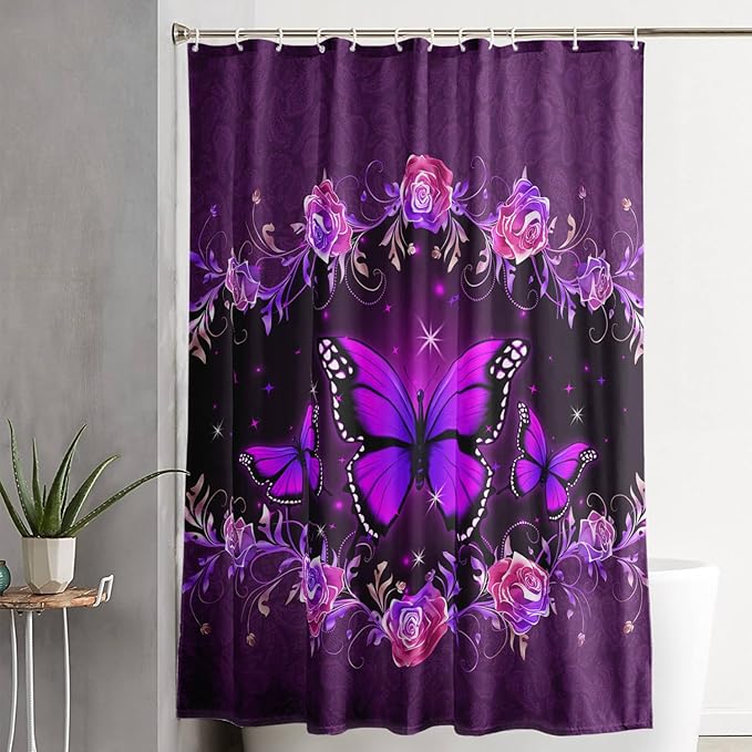 AILONEN Girls Butterfly Shower Curtain for Bathroom, Purple Rose Floral Butterfly Bathroom Curtain,Flying Butterfly Bath Curtain 48" W*72" H Polyester Waterproof Bathroom Curtain with 12 Hooks