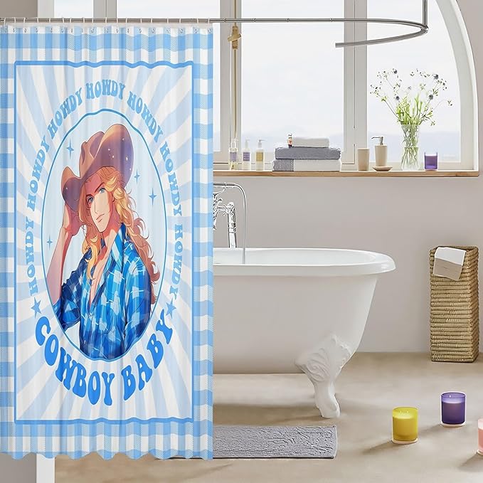 Manfei Western Cowboy Kids Shower Curtains,Cowboy Hat Rustic Farmhouse Bathroom Curtains for Boys Men,Geometric Grids Patchwork Stylish Blue Cartoon Waterproof Curtains,12 Hooks Suits,72" W x 72" L
