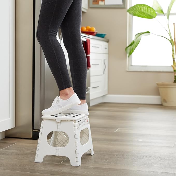Casafield 11" Folding Step Stool with Handle, White - Portable Collapsible Small Plastic Foot Stool for Kids and Adults - Use in The Kitchen, Bathroom and Bedroom
